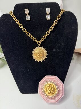 Gold Coin Pendant Necklace and Earrings Set - Gold